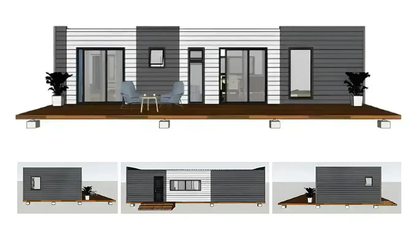 Modern tiny house design with deck and plants.
