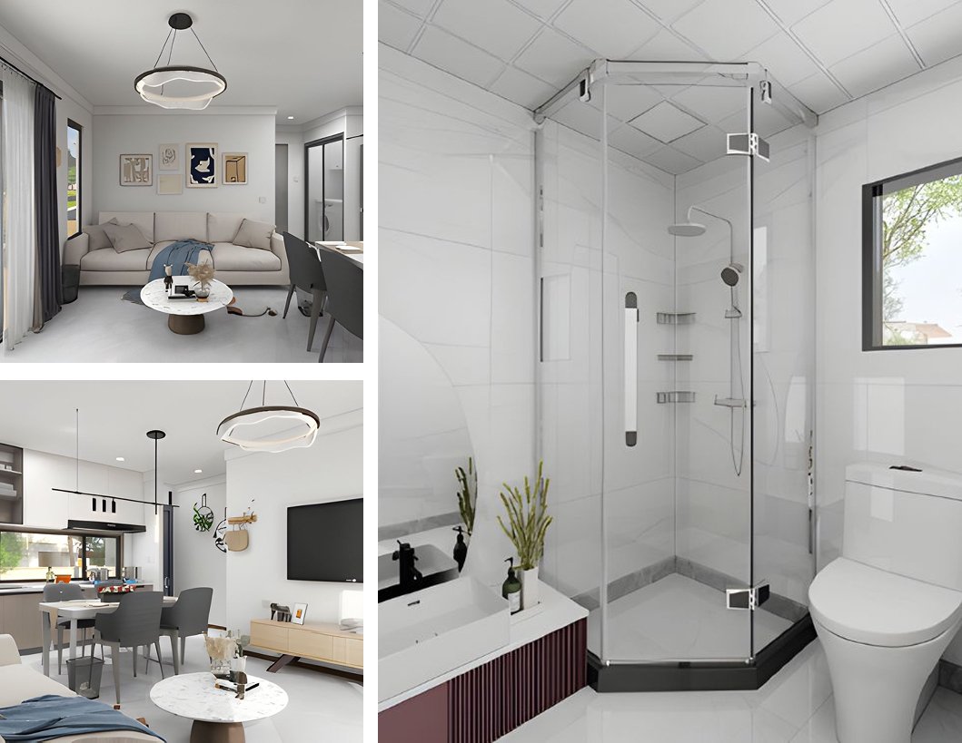 Modern interior design: living room, kitchen, bathroom.