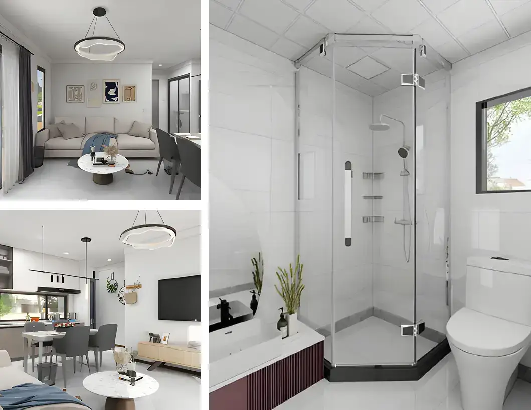 Modern interior design: living room, kitchen, bathroom.