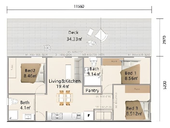 European house plan with deck and three bedrooms