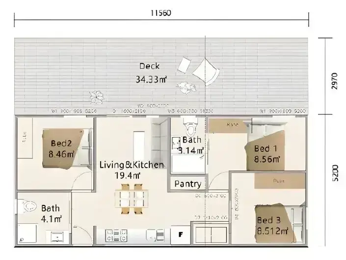 European house plan with deck and three bedrooms
