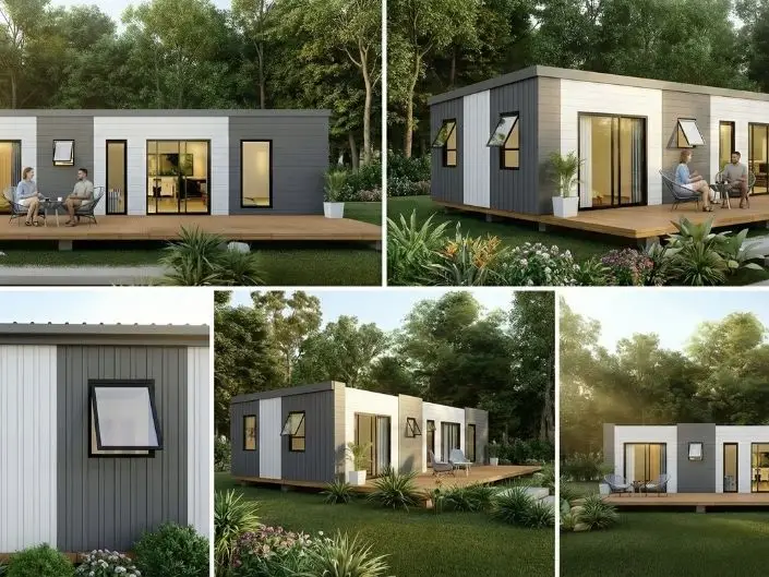 Modern modular home in lush garden setting.