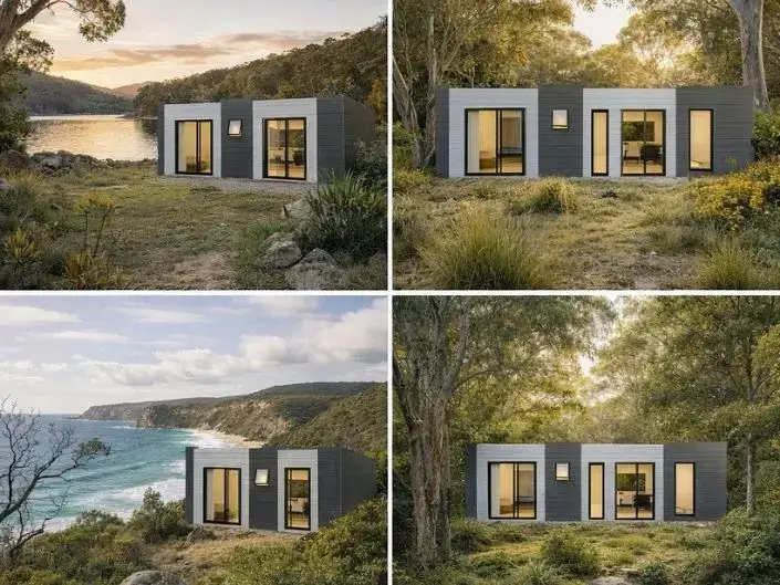 Scenic modern cabin by forest and ocean