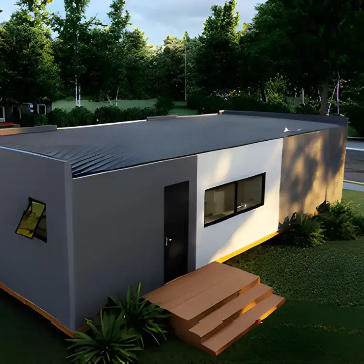 Modern tiny house surrounded by trees.