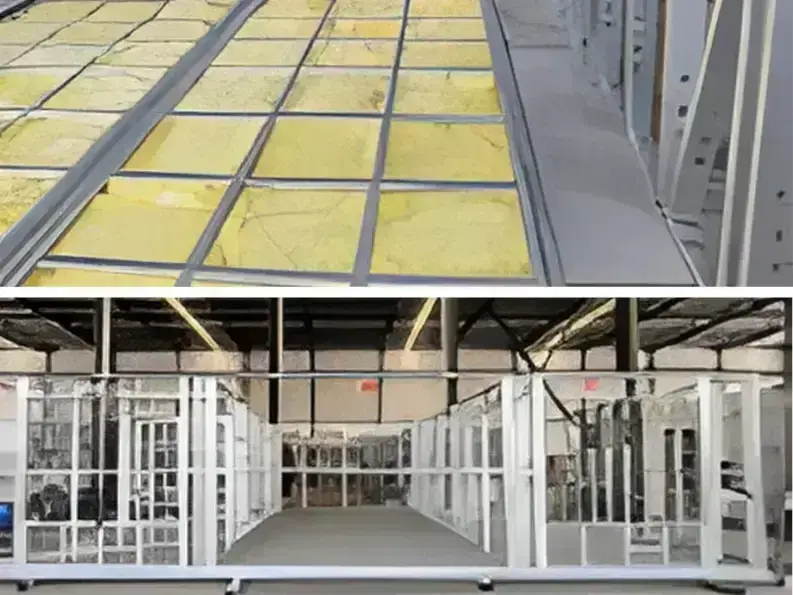 Yellow marble flooring panels and window frames in factory.