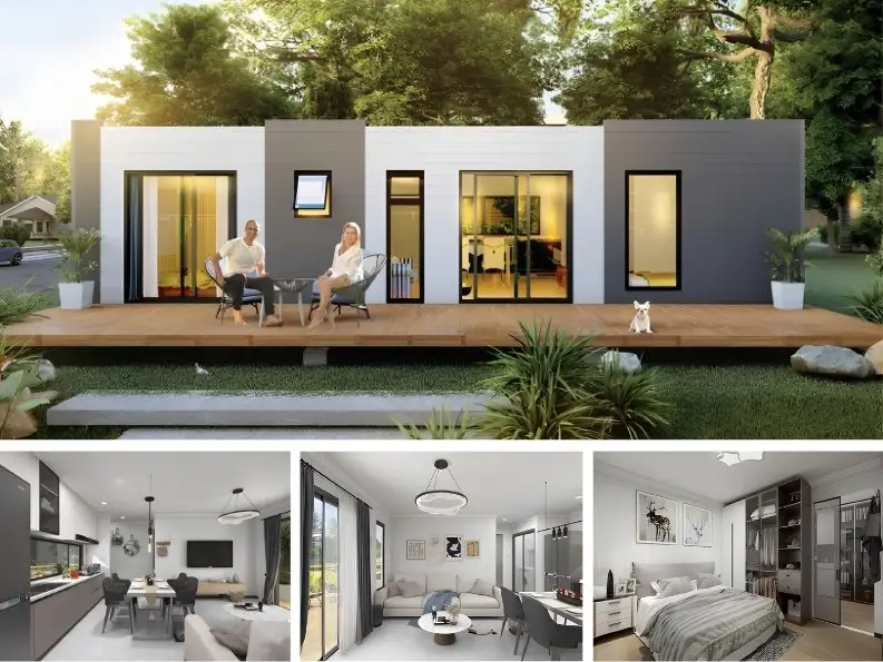 Modern prefab home with interior rooms overview.