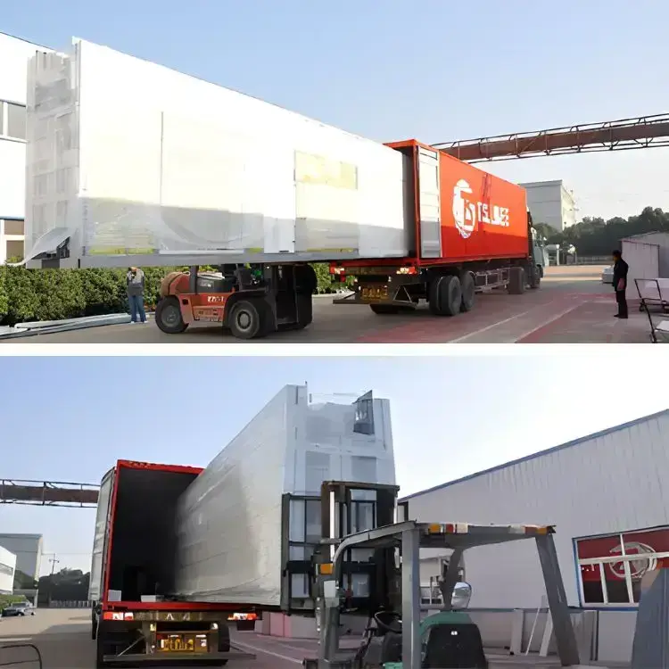 Loading large container onto truck with forklift.