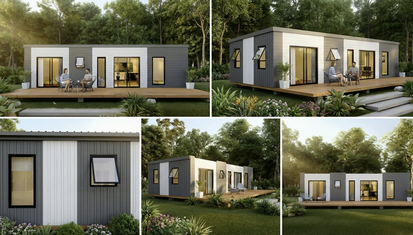 Modern cabin with deck surrounded by greenery.