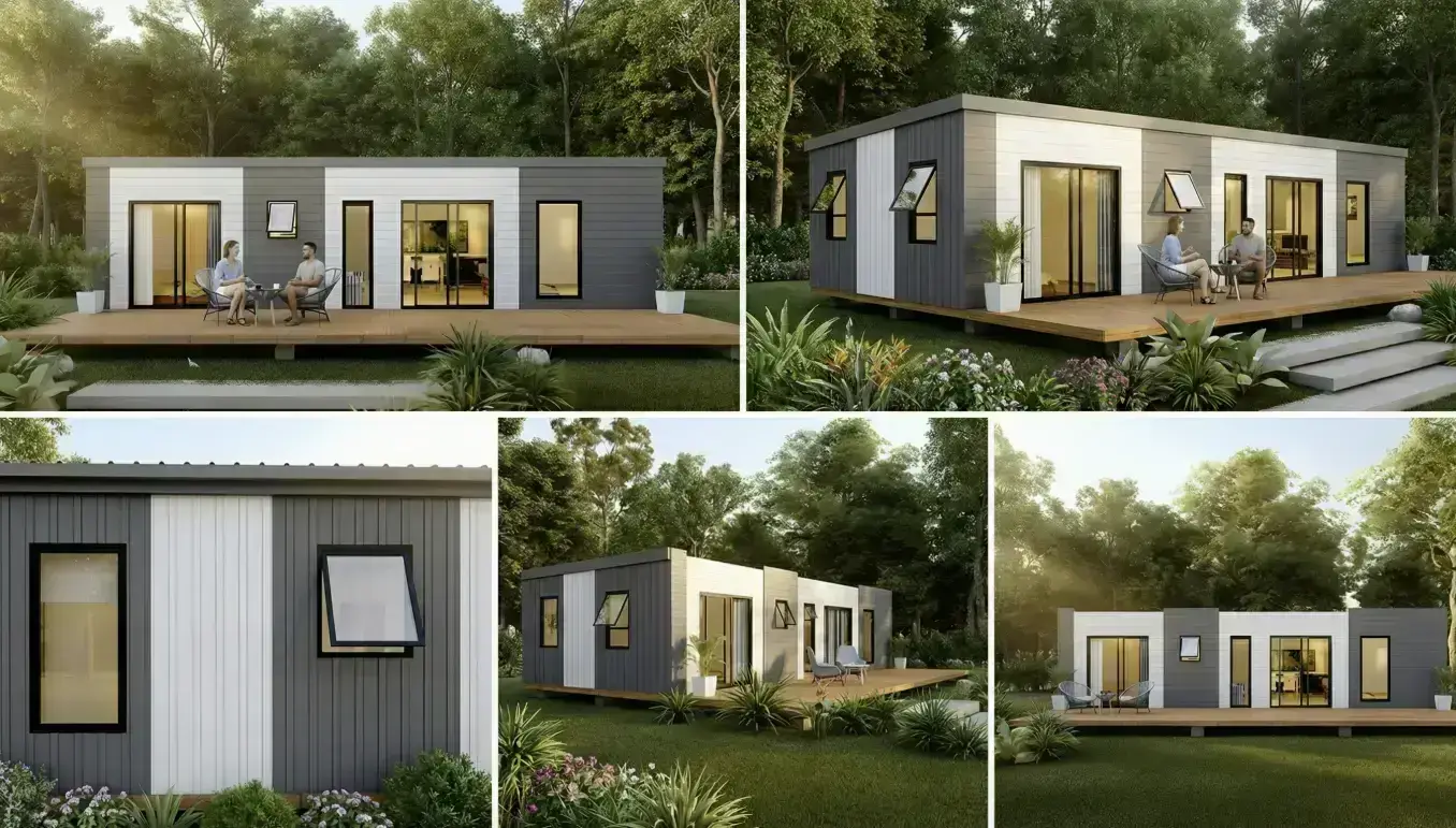 Modern cabin with deck surrounded by greenery.