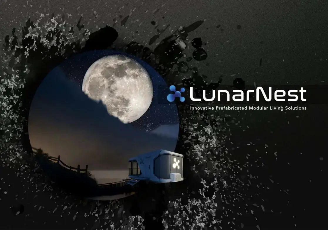 LunarNest logo with moon and modular living design.