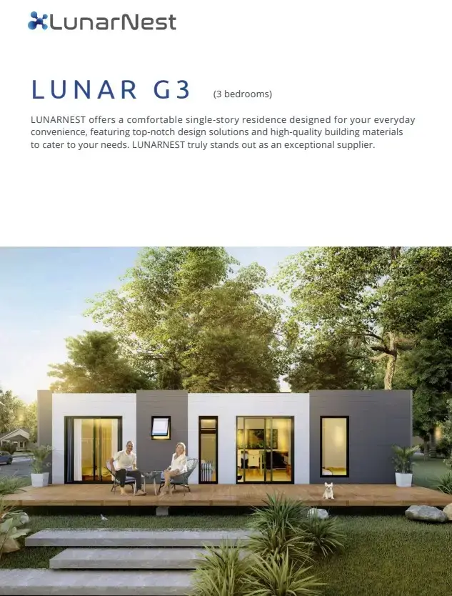 LunarNest G3 modern single-story house with garden view.